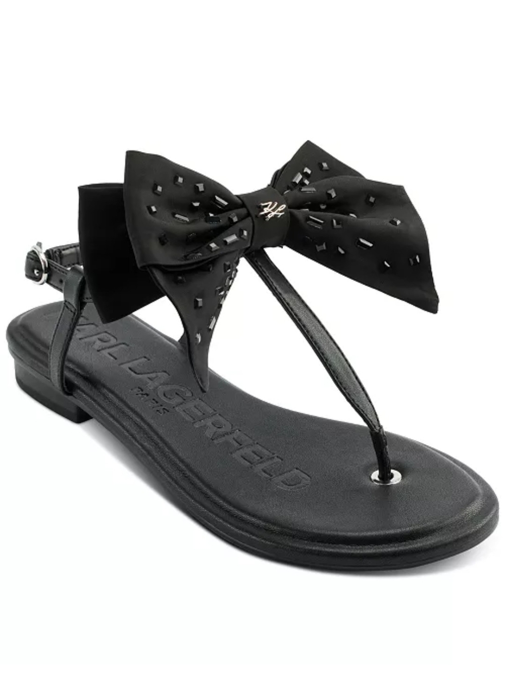 Karl Lagerfeld Women's Black Bow T-Strap Sandals with Stud Accent